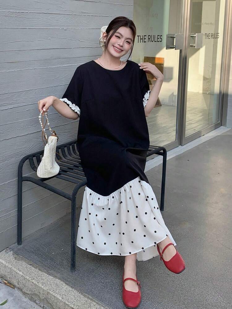 Dazy Plus Plus Size Women Fashion Casual Polka Dot Print Patchwork Dress Sun Dresses For Women