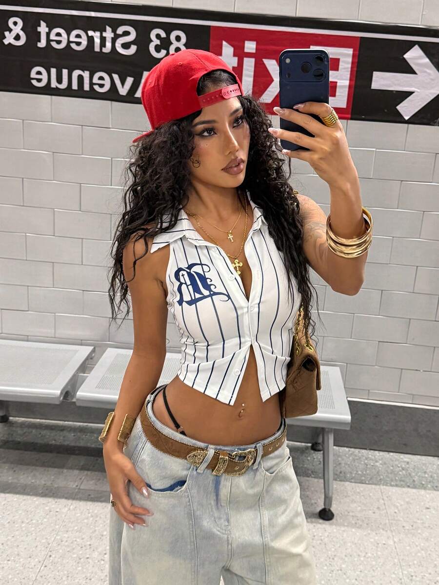 SHEIN HypeZone Streetwear Women's Sleeveless Striped Print Shirt, Spring/Summer - White - View 1