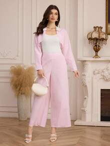 Modelyn Women's Korean Style Casual Pink Striped Lapel Long Sleeve Loose Top And High Waist Flowy Pants 2 Pieces Set - Pink - View 4