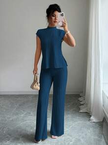 Elenzga 2pcs Casual Elegant Set: Short Sleeve Ribbed Top And Pants - Royal Blue - View 4
