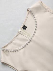 Franclia Conjunto de 2 piezas para mujer talla grande, blanco, otoño, elegante, traje casual de negocios para invitada de boda, vestido mini sin mangas con cuello redondo y cuentas & chaqueta blazer, albaricoque - Albaricoque - Ver 8