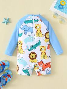 SHEIN Bubblio Unisex Baby Cute Animal & Stripe Print Long Sleeve Cover Up, Suitable For Outdoor, Swimming, Hot Spring, Beach, Surfing, Spring/Summer - Multicolor - View 2