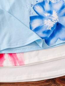 SHEIN 3件套少女针织碎花露肩休闲T恤套装 - 彩色 - 查看 4