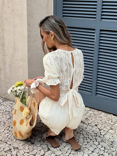 Serisse 女士花卉纹理泡泡袖上衣和短裤两件套度假套装