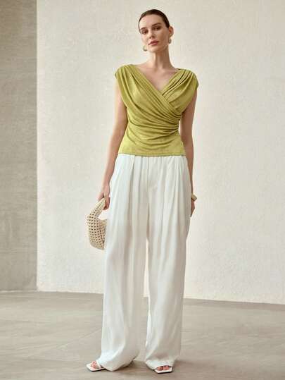 MOTF PREMIUM FASHIONABLE SHINY PLEATED V-NECK SLIM FIT METALLIC THREAD WOMEN T-SHIRT