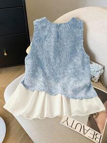 GlowEve Áo không tay kiểu Trung Quốc mới dành cho nữ, chất liệu jacquard, phối màu tương phản. - Màu xanh lam - Xem 2