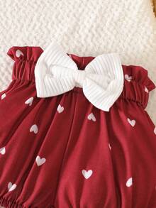 SHEIN Set de 3 piezas de mono con cuello redondo acanalado, pantalones y diadema con lazo bordada, estilo casual para bebé/niño pequeño, para primavera/otoño - Rojo y blanco - Ver 4