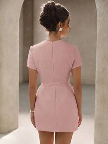 Aveloria Rosie Textured Beaded Decor Palace Style Mandarin Collar Fitted Waist Slim Short Sleeve Dress, Suitable For Spring & Summer - Baby Pink - View 2