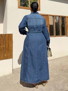 Dazy Plus Fashionable Washed Vintage Distressed Collar Open Front Cinched Waist Long A-Line Denim Dress, Spring/Autumn - Dark Wash - View 9