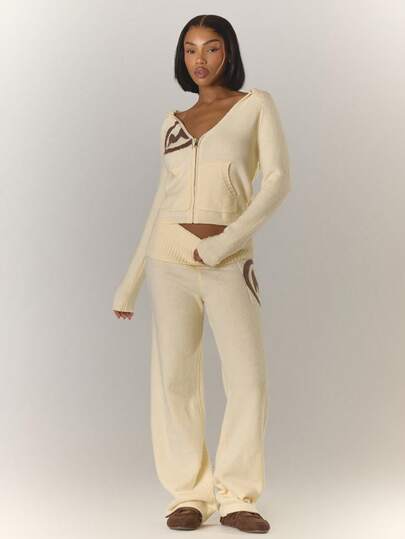 MUSERA Conjunto de suéter con capucha de punto de mohair con cuello en V y cremallera, ajustado, estilo de invierno, acogedor y lindo para explorar al aire libre en primavera