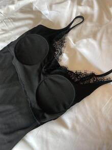 DAZY Lace Patchwork Camisole With Built-In Padded Bra, Women's Undershirt - Black - View 5