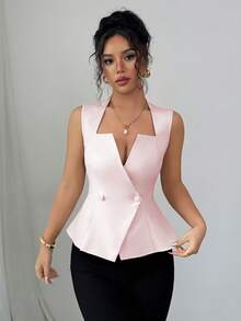 Blusa sin mangas de línea A con cuello de volantes elegante para mujer, adecuada para ir al trabajo, vacaciones, citas, salidas, jardín, reuniones familiares, Día del Trabajo, días f - Rosa - Ver 4