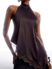 LYSMO Áo ba lỗ thời trang màu trơn cổ trụ không tay viền bèo nhún cho nữ - Cà phê nâu - Xem 9