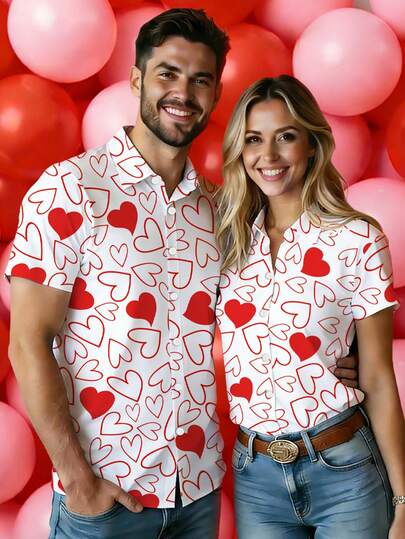 Manfinity Homme Camisa de manga corta con botones de moda para el Día de San Valentín para hombres, diseño con estampado de corazón, adecuada para uso diario en interiores en verano, regalo de novio con estilo, camisa conmemorativa para fiesta y cita del Día de San Valentín, aniversario - Corazón rojo