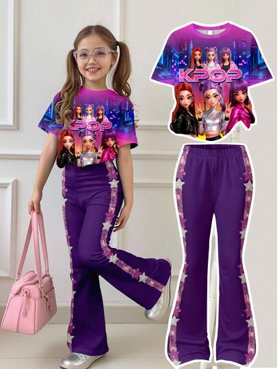 SHEIN 2pcs/Set Young Girl Casual Cartoon Pattern Round Neck Short Sleeve Top And Flare Pants Set, Suitable For Summer