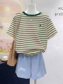 SHEIN 女士马术条纹印花圆领短袖T恤，夏季时尚 - 彩色 - 查看 1