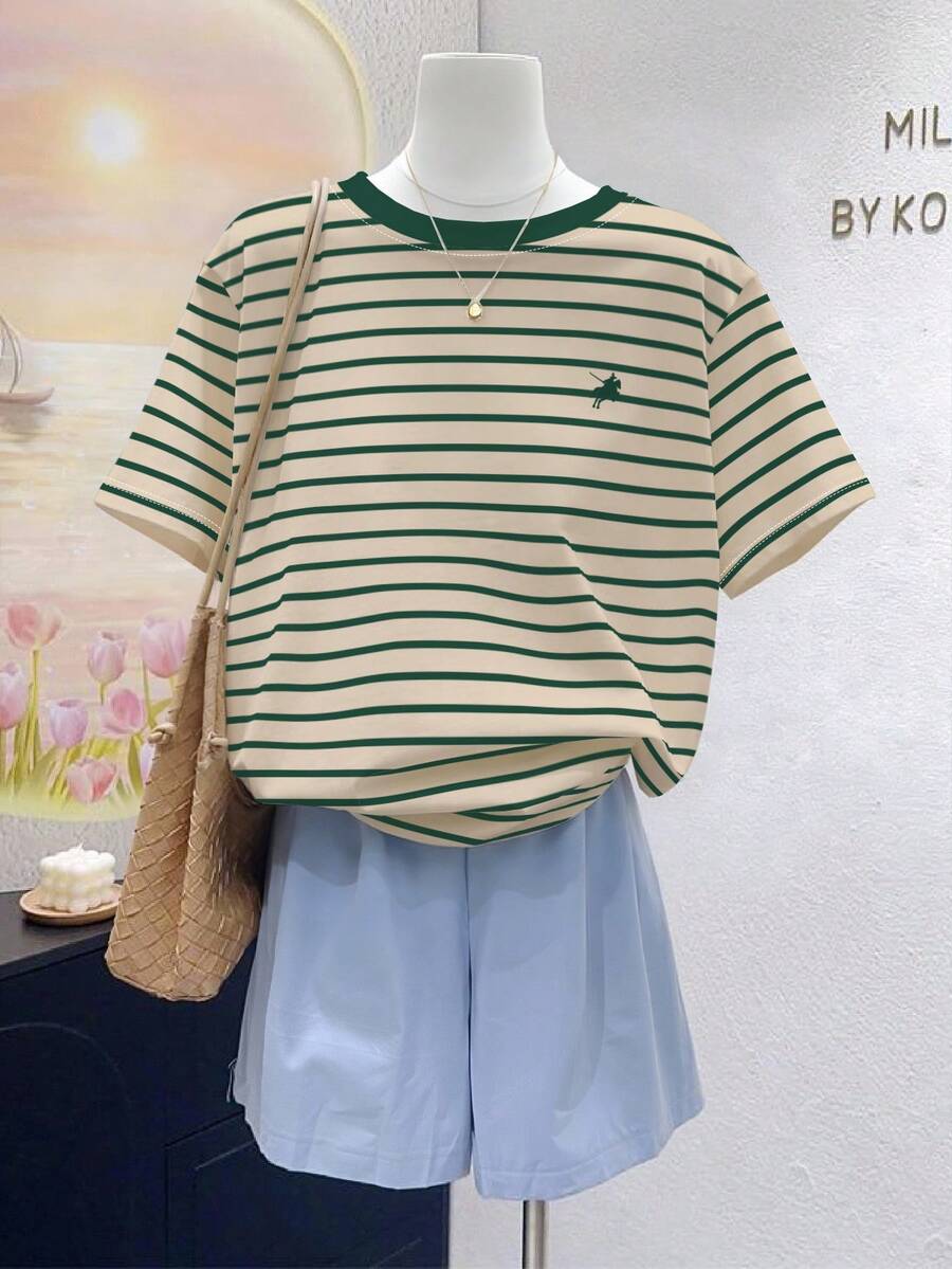 SHEIN 女士马术条纹印花圆领短袖T恤，夏季时尚 - 彩色 - 查看 1