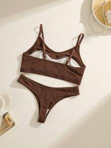 2pcs Minimalist Comfortable Solid Color Lingerie Set - Brown - View 2