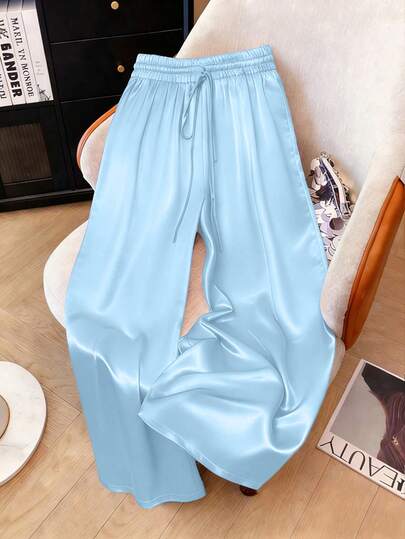 Franclia Casual Plus Size Baby Blue Satin Straight Leg Pants With Drawstring Long Length Semi-Sheer Plain Design Loose Pants For Women Women Summer Pants Casual Pants For Women Harem Pants Women Blue Pants