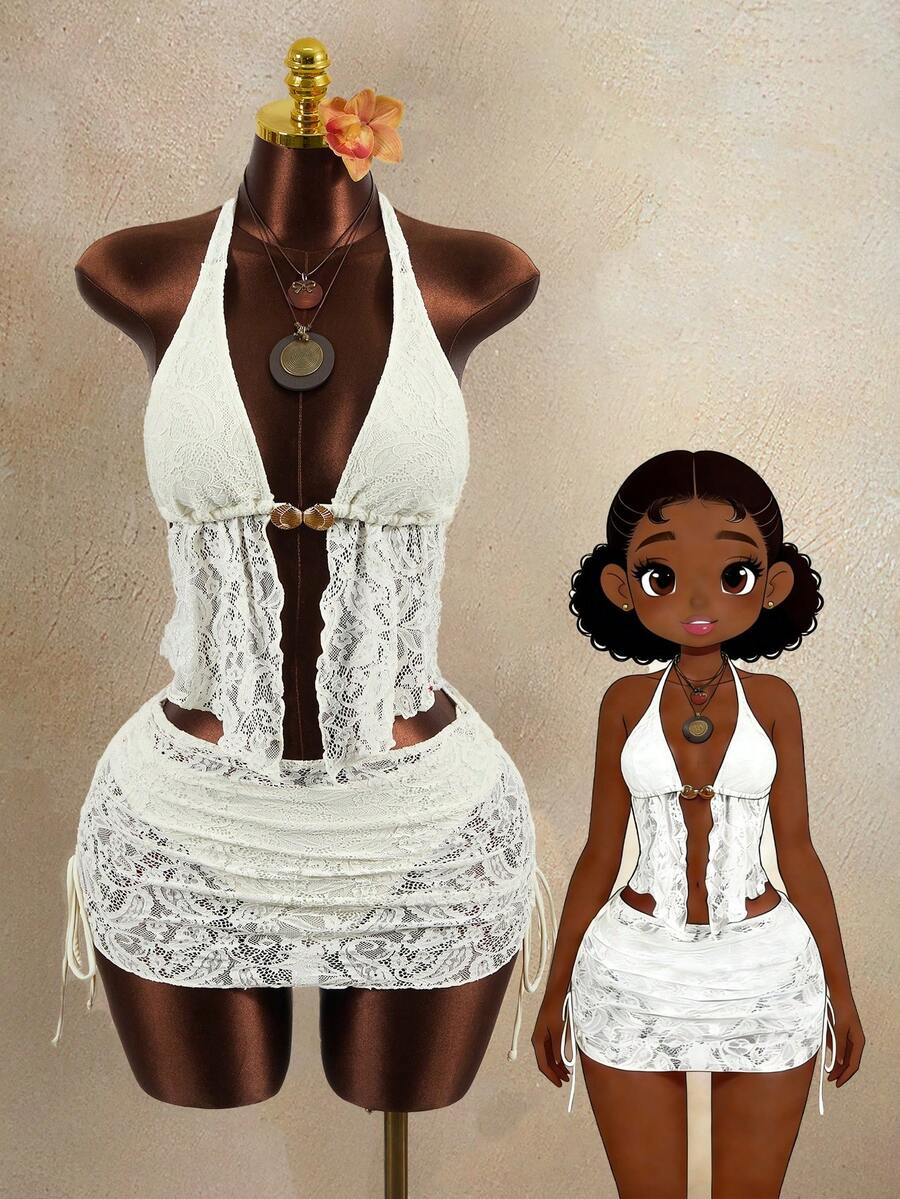 Zestiva Bộ đồ bơi tankini 3 món dành cho nữ mùa hè, kiểu dáng thường ngày, trang trí vỏ sò kim loại, phối ren và buộc dây phía trước. - trắng - Xem 1