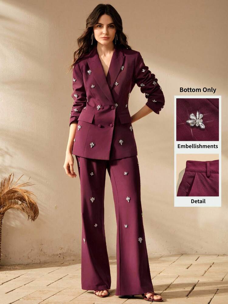 Anewsta Women's Fashion Minimalist Luxurious Rhinestone Embellished Slim-Fit Flared Dress Pants, Evening Dress, Festival