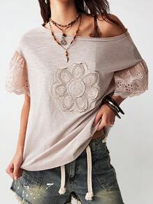 Bohemela 女士休闲纯色针织圆领短袖宽松T恤 - 粉色 - 查看 2