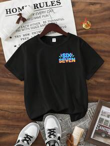 Boys' Casual Stylish Creative Personalized Refreshing High-End Simple Blocks Digits 67 Cartoon Character Lightning Bolt Slogan Graphic Print Comfortable Basic Short T-Shirt, Suitable For Spring, Summer, Fall