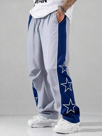 Aesthetic Post Pantalones deportivos para hombres con estampado de estrella de color a contraste y parches