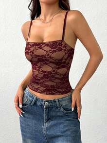 SHEIN EZwear 女士休闲蕾丝吊带背心，酒红色，夏季 - 酒紅色 - 查看 6