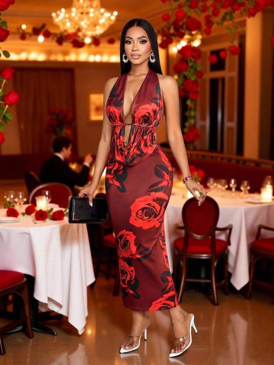 SOLERSUN Women's Elegant And Sexy Rose Halter Neck Vest And Skirt Two Pieces Set, Suitable For Dating, Valentine's Day - Red - View 1