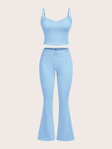 SHEIN EZwear 2pcs Blue Lace Patchwork Camisole & Flare Pants Set, Spring/Summer - Blue - View 1
