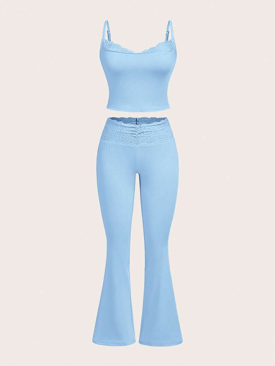 SHEIN EZwear 2pcs Blue Lace Patchwork Camisole & Flare Pants Set, Spring/Summer - Blue - View 1