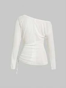 ROMWE Grunge Punk SpringRomantic Nautical Punk Wing & Anchor Foil Print Oblique Shoulder Women Long Sleeve T-Shirt - White - View 2