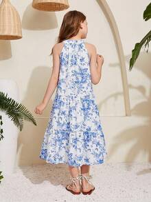 SHEIN 少女碎花无袖宽松休闲度假连衣裙 - 藍色 - 查看 2