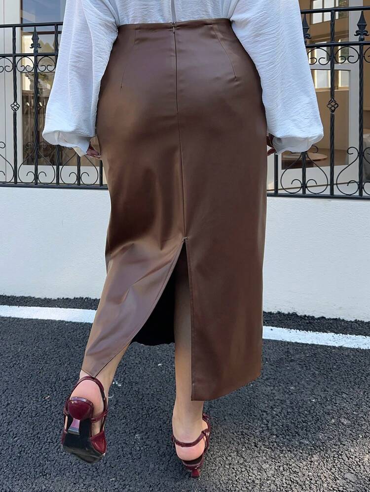 Dazy Plus Stretchy Fitted Elegant Long Slit Plus Size Women PU Leather Sexy Pencil Skirt