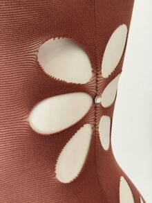 SHEIN Jeanoir 女士性感卡其色镂空花朵吊带迷你连衣裙 - 咖啡 - 查看 5