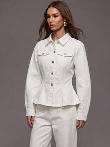 MUSERA 收腰弧形下摆撞色缝线牛仔夹克套装上衣（仅限冬季夜间外出街头风可爱返校性感无袖时尚款） - 白色 - 查看 3