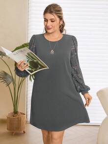 Rosumi 大码女式休闲纯色蕾丝长袖迷你连衣裙 - 灰色 - 查看 5