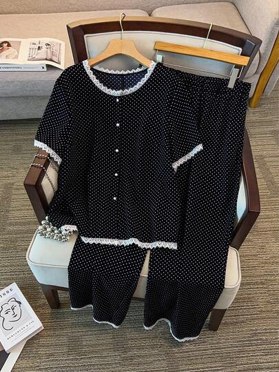 GlowEve CURVE Plus Size Casual Black & White Polka Dot Embroidered Trim Set