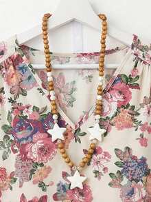 Linhara 大码复古印花V领泡泡袖休闲衬衫 - 粉色 - 查看 4