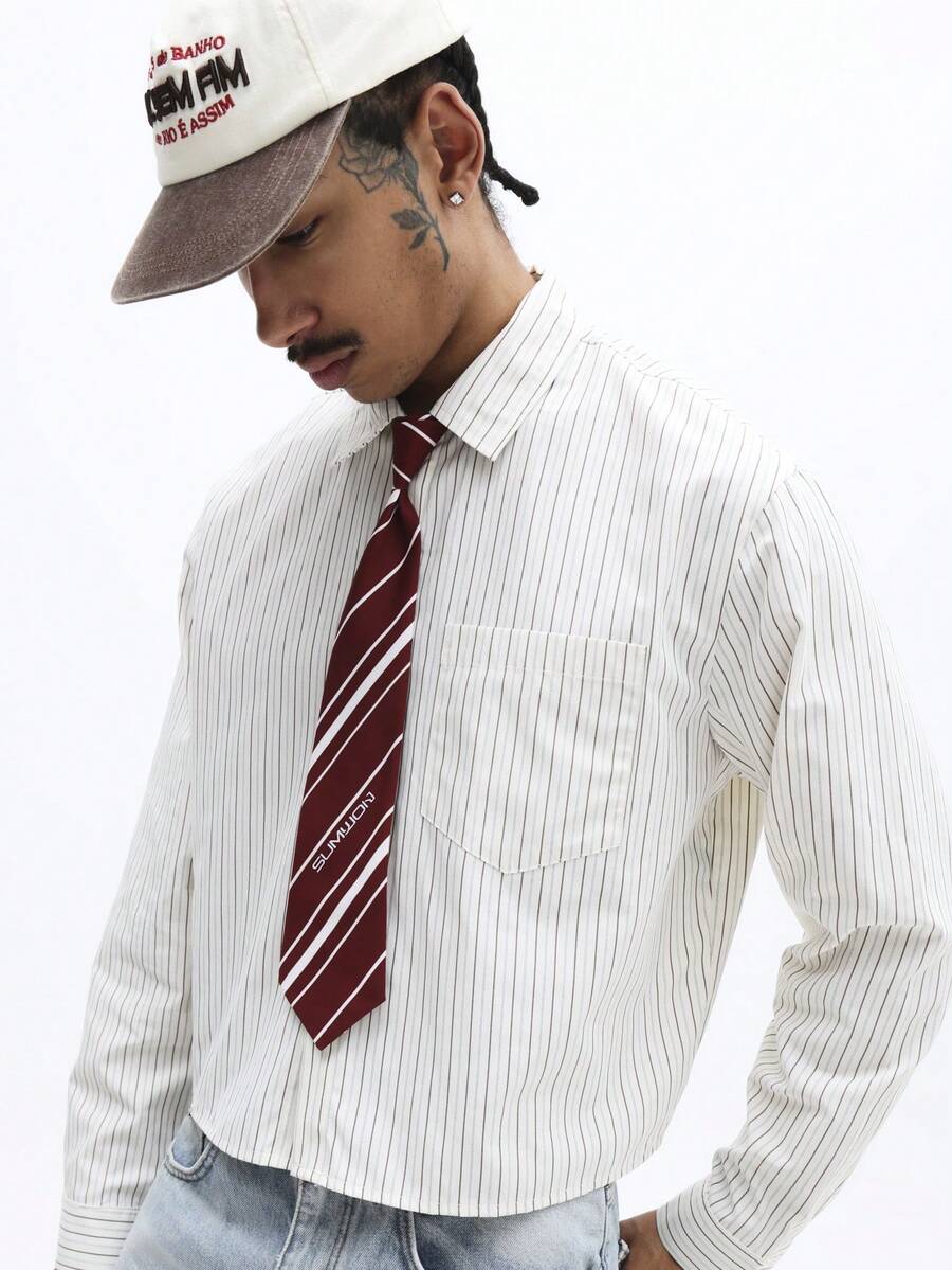 SUMWON 修身长袖条纹衬衫，配可拆卸领带，商务休闲办公装 - 彩色 - 查看 1