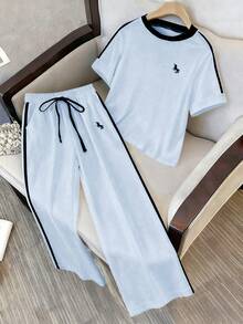 Everyssa 2pcs/Set Women's Fashion Round Neck Embroidered Print Contrast Trim T-Shirt, Casual Elastic Waist Embroidered Wide Leg Pants Set - Multicolor - View 7