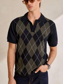 Manfinity CityGents Men's Classic Knit Short Sleeve Polo Top With Plaid Pattern Button Front Design - Royal Blue - View 7