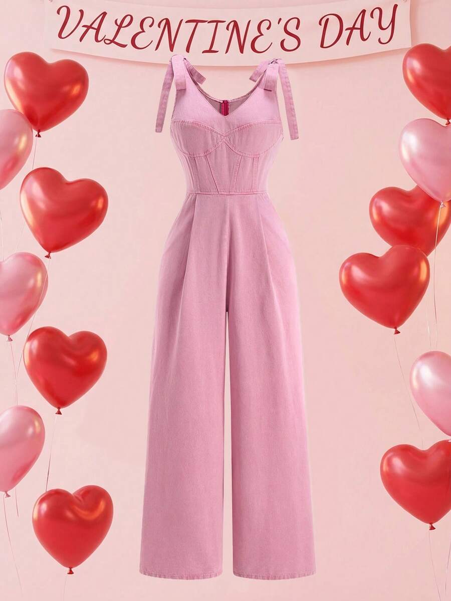 SHEIN MOD 女士休闲水洗无袖牛仔连体裤 - 粉色 - 查看 1
