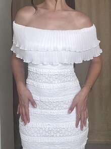 Andrea Bello Knitted Lace Off Shoulder Form-Fitting Fish Tail Dress For Women - White - View 6