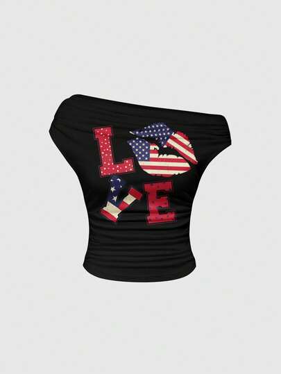ROMWE Avant Sexy Asymmetrical Shoulder Music Festival American Flag Vintage Dark Street Style Women T-Shirt