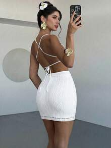 Firerie Women's White Jacquard Beaded Tie-Back Slim-Fit Mini Skirt With Slit, Sexy Vacation Dress, Cross-Strap Backless Design, Cutout Waist, Spring/Summer Wear, Beach Wear, Work Wear, Elegant And Sexy, Vacation Style, Beach Style, Bohemian Style, Hawaiian Style, Music Festival Style, Romantic Style, Date Wear, Beaded Front Design, Women's Vacation Clothing. - White - View 4