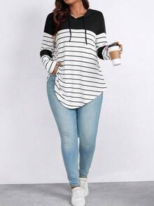 SHEIN LUNE Camiseta de manga larga con capucha, cordón y bloques de color a rayas para primavera, talla grande - Negro - Ver 6