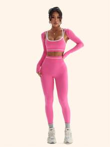 SHEIN Sovereign Charm 3Pcs Women's Fashion Elastic Contrast Trim Cropped Sports Bra And Bolero Shrug Top With Leggings Sports Set - Pink - View 3