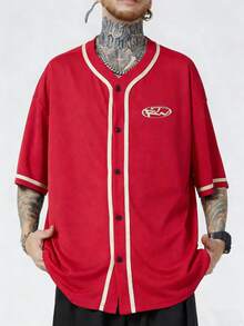 ROMWE MEN Prep Men's Casual Printed Short Sleeve Shirt - Red - View 1